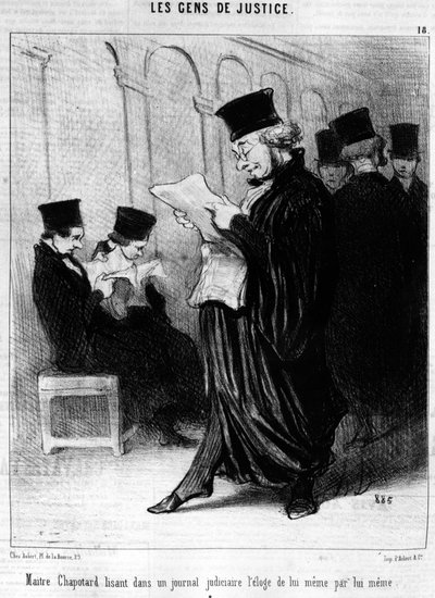 Meester Chapotter leest in een juridisch tijdschrift de lof van zichzelf door zichzelf, uit de "Gens de Justice", serie cartoons over Justitie door Honore Daumier. "Charivari" door Honoré Daumier