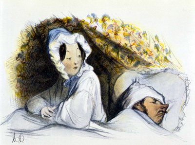Man en vrouw in bed: "Stoute slaper! Ga..." uit "Geschichte des Erotischen Kunst" door Edouard Fuchs, Berlijn door Honoré Daumier