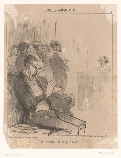 Man applaudisseert, al geeuwend, voor een zangeres achter een piano door Honoré Daumier