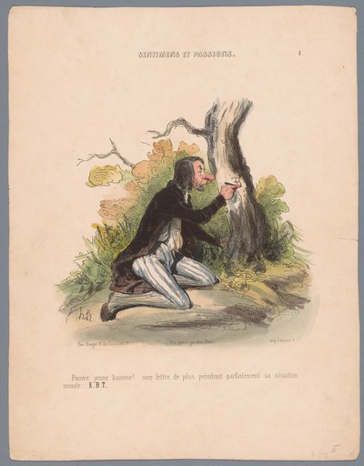 Man kerft initialen in een boombast door Honoré Daumier