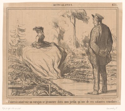 Man ziet vrouw met hoepelrok door zijn tuin wandelen door Honoré Daumier