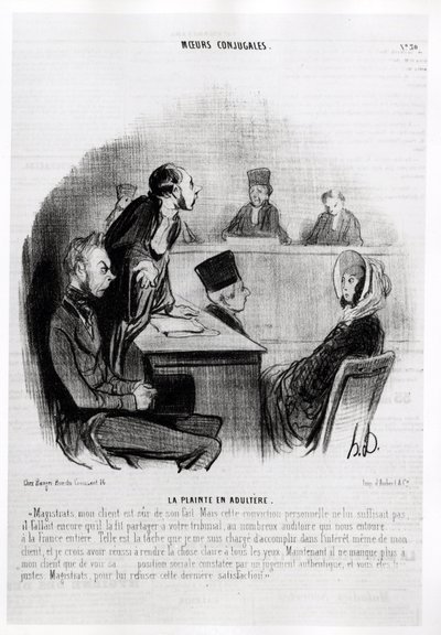 Huwelijk: Klacht over overspel. Illustratie door Honore Daumier (1808-1879), gepubliceerd in het nieuws in "Charivari", gedateerd 20 november 1840. door Honoré Daumier