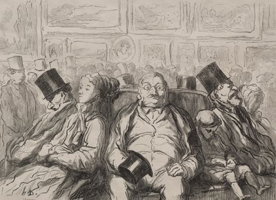 Moment van Rust in de Salon Carré door Honoré Daumier