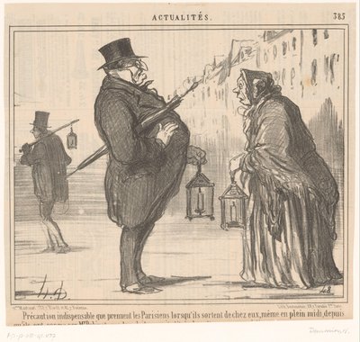 Monsieur Prudhomme en een oude vrouw met lantaarn en paraplu door Honoré Daumier