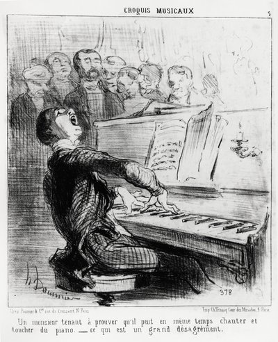 Muzikale schetsen: een heer die graag wil bewijzen dat hij tegelijkertijd kan zingen en piano spelen, wat zeer schandelijk is. Illustratie door Honore Daumier (1808-1879), gepubliceerd in "Charivari", datum 17 februari 1852. door Honoré Daumier