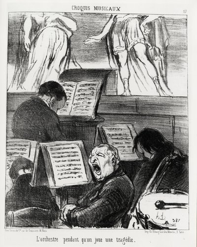 Muzikale schetsen: het orkest terwijl het een tragedie speelt. Illustratie door Honore Daumier, gepubliceerd in 