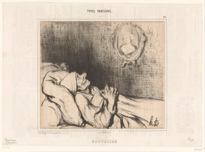 Oude man in bed staart naar portret van jonge vrouw door Honoré Daumier