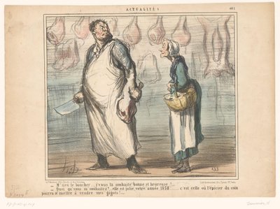 Oude vrouw spreekt een slager aan door Honoré Daumier