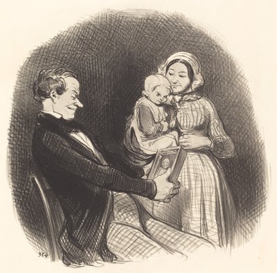 Papa die naar het beeld van zijn beeld kijkt door Honoré Daumier