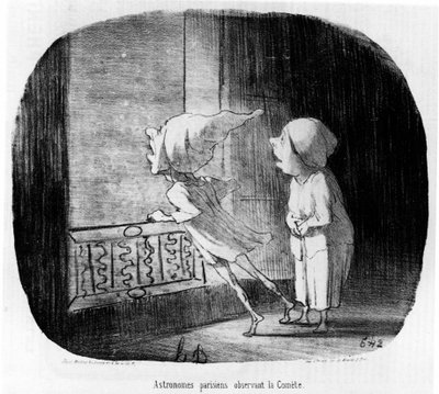 Parijse astronomen observeren de komeet, uit "Astronomie", een serie cartoons over astronomen en de komeet door Honore Daumier. "Charivari" door Honoré Daumier