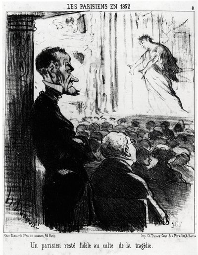 Parijzenaars in 1852: een Parijzenaar blijft trouw aan de cultus van tragedies (illustratie door Honore Daumier, gepubliceerd in Charivari, gedateerd 26 januari 1852) door Honoré Daumier