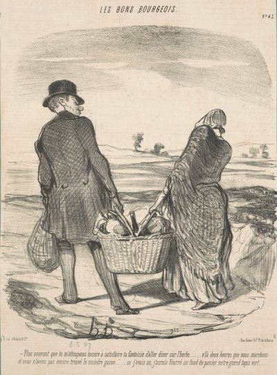 Vaker dan je me nog zult betrappen op het bevredigen van je fantasie om op het gras te dineren... We lopen al twee uur en hebben nog geen enkel grasveld gevonden... Als ik het had geweten, had ik ons grote tapijt onderin de mand gestopt door Honoré Daumier