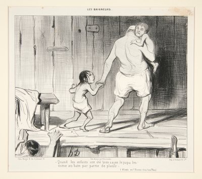 Wanneer de kinderen heel braaf zijn neemt papa ze mee naar het bad voor een plezieruitje, uit Les Baigneurs door Honoré Daumier
