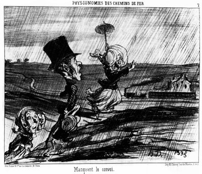 Spoorwegfysiognomieën. De trein missen: serie cartoons over de spoorwegen door Honore Daumier. "Charivari" door Honoré Daumier