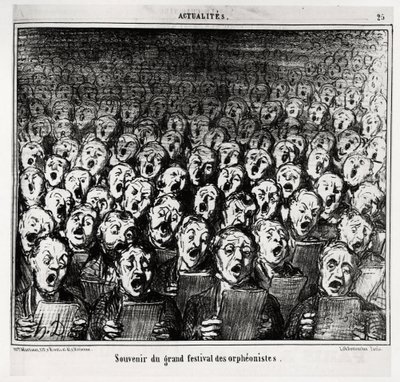 Herinnering aan het grote festival van orpheonisten. Illustratie door Honore Daumier (1808-1879), gepubliceerd in het nieuws, "Charivari", gedateerd 28 maart 1859. door Honoré Daumier
