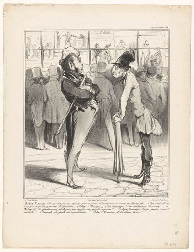 Robert-Macaire in gesprek met Bertrand voor de etalage van een prenthandel (Caricaturana) door Honoré Daumier