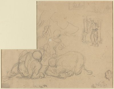 Blad met Studies van Twee Grote Mannen op de Grond door Honoré Daumier