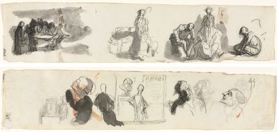 Blad met Studies van een Groep van Vier Figuren aan de Rechterkant (recto) Schetsen van Verschillende Figuren (verso) door Honoré Daumier