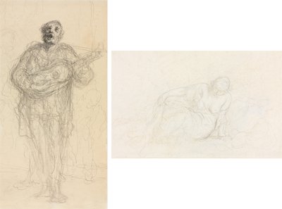 Zingende Gitarist (recto); Liggende Vrouw Leunend op Haar Arm (verso) door Honoré Daumier