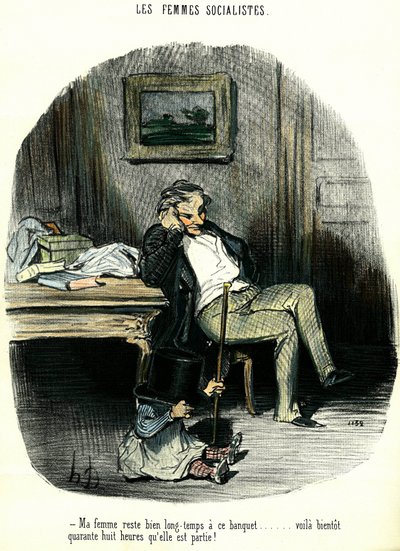Socialistische vrouwen Anti-feministische cartoon die een man afbeeldt die met zijn kind wacht op zijn vrouw die al twee dagen vermist is. Lithografie door Honoré Daumier (1808-1879) 19e eeuw Privécollectie door Honoré Daumier
