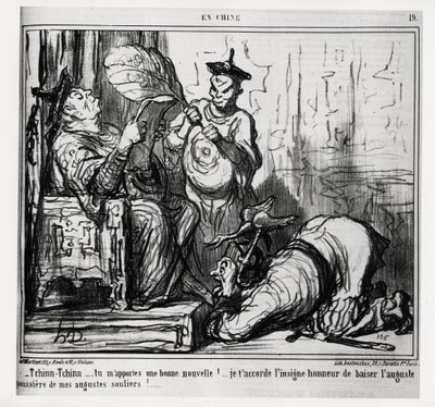 Tchinn Tchinn... Je brengt me goed nieuws! Ik verleen je de grote eer om het augustijnse stof van mijn augustijnse schoenen te kussen. In serie En Chine, illustratie door Honoré Daumier (1808-1879), gepubliceerd in 