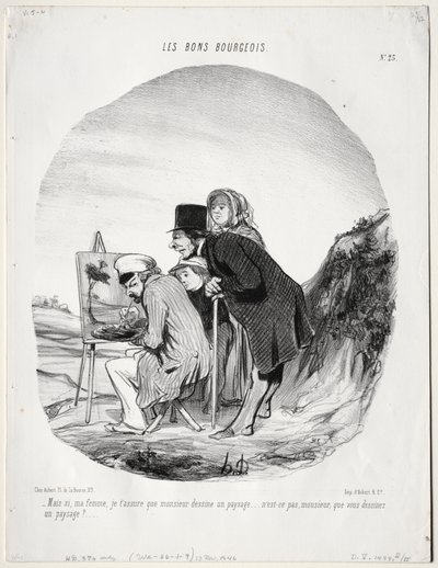 De Goede Burgers, plaat 23: "Maar ja, mijn beste, ik verzeker je dat deze heer een landschap tekent...is het niet zo, meneer, dat u een landschap tekent?" door Honoré Daumier