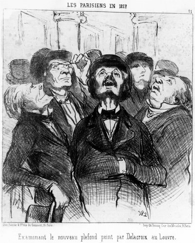 De Parijzenaars in 1852 die het nieuwe plafond geschilderd door Delacroix in het Louvre onderzoeken, uit 