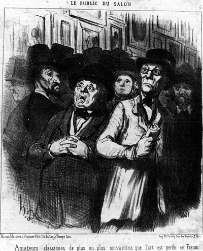 Het publiek van de show. Klassieke liefhebbers steeds meer overtuigd dat kunst verloren gaat in Frankrijk, uit "Schilderijen en Salons", cartoonserie door Honore Daumier (1808-1879). "Charivari" door Honoré Daumier