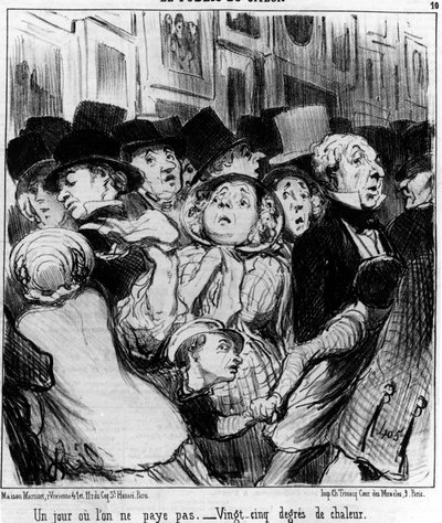 Het publiek van de show. Een dag betaal je niet. Vijfentwintig graden warmte, uit "Schilderijen en Salons", cartoonserie door Honore Daumier (1808-1879). "Charivari" door Honoré Daumier