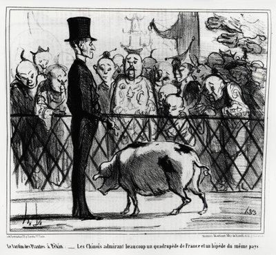 De plantentuin in Peking: de Chinezen bewonderen een viervoeter uit Frankrijk en een bij uit hetzelfde land (illustratie door Honore Daumier, gepubliceerd in Charivari, China Actualites) door Honoré Daumier
