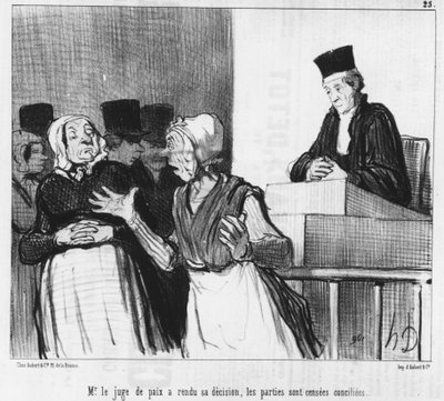 De vrederechter heeft zijn beslissing genomen, de partijen zouden verzoend moeten zijn..., cartoon door Honore Daumier. "Charivari" door Honoré Daumier