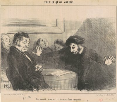 Een comité luistert naar het voorlezen van een tragedie door Honoré Daumier