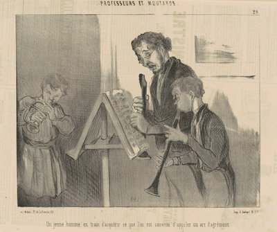 Een jonge man die een kunst van vermaak aan het verwerven is door Honoré Daumier
