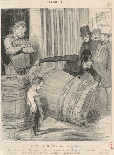 Een wijnhandelaar gehinderd in zijn handel door Honoré Daumier