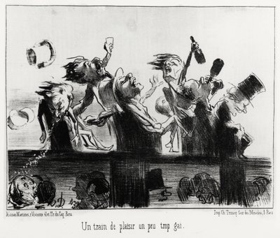 Een plezierige trein iets te vrolijk, in serie Les chemins de fer, illustratie door Honore Daumier (1808-1879), gepubliceerd in "Charivari", gedateerd 20 augustus 1852. door Honoré Daumier