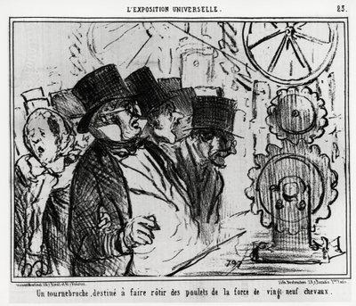 Universele tentoonstelling: een draaitafel, ontworpen om kippen te braden met de kracht van negenentwintig paarden. Illustratie door Honoré Daumier (1808-1879), gepubliceerd in het nieuws, 