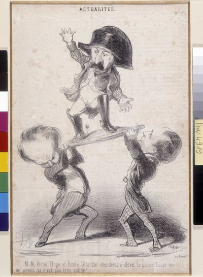 Victor Hugo en Emile de Girardin ondersteunen de kandidatuur van Napoleon Bonaparte. Cartoon door Honore Daumier (1808-1879) verschenen in Le Charivari. Literair Huis van Victor Hugo, Bievres door Honoré Daumier