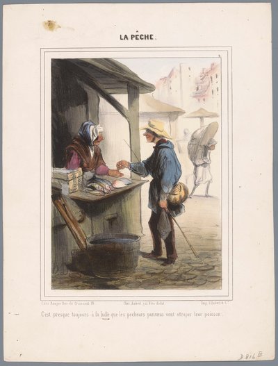 Visser koopt vis in de markthal door Honoré Daumier