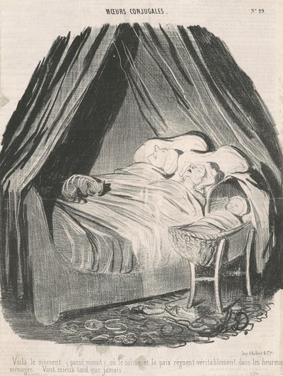 Daar is het moment (na middernacht) waarop rust en vrede werkelijk heersen in gelukkige huishoudens. Beter laat dan nooit. door Honoré Daumier