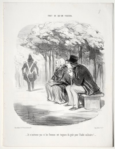 Wat je wilt, plaat 51: Ik verbaas me niet dat vrouwen altijd dol zijn op het militaire uniform, 1848 door Honoré Daumier