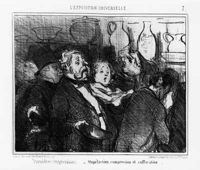 Wereldtentoonstelling: eerste indrukken: verbijstering, compressie en verstikking. Illustratie van Honore Daumier, gepubliceerd in 