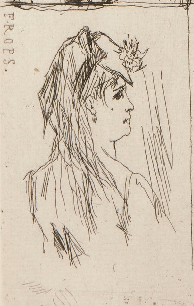a. Hoofd van een oude man door Daumier (linksboven); b. Chez Charles Beriot door Taiee (middenboven); c. Hoofd van een jonge vrouw door Rops (rechtsboven); d. Rivierlandschap door Harpignies (middenonder); e. Profiel van een jonge vrouw door Honoré Daumier