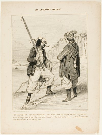 "- Oké Rigobert, mijn oude vriend.... we gaan vandaag een lange reis maken.... heb je genoeg proviand meegenomen aan boord van ons schip - Praat er niet over.... alles wat ik heb kunnen meebrengen zijn twee koekjes en een rode haring," plaat 1 van Les Cano door Honoré Victorin Daumier