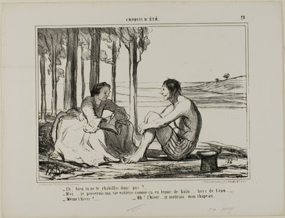 "- Kleed je je niet aan - Nee... Ik blijf de hele dag zo in mijn zwemkleding, buiten het zwembad. - Zelfs in de winter - Dan zet ik mijn muts op!", plaat 28 uit Croquis D