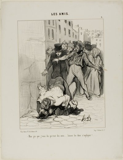 "- Maar ik zeg je, het zijn vrienden.... ze drukken zich gewoon tegen elkaar uit," plaat 9 uit Les Amis door Honoré Victorin Daumier