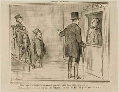 "- Maar u vertelde me dat kinderen niet zijn toegestaan in dit huis... - Meneer, dit zijn geen kinderen... het zijn de zonen van de eigenaar!...," plaat 23 uit Croquis Parisiens, - par Daumier door Honoré Victorin Daumier