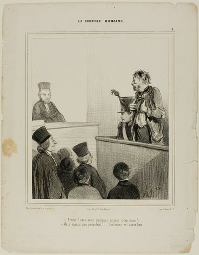 "- Beklaagde! Heeft u middelen van bestaan - Dank u mijnheer de Voorzitter.... Ik heb best een goede maag," plaat 4 La Comédie Humaine door Honoré Victorin Daumier