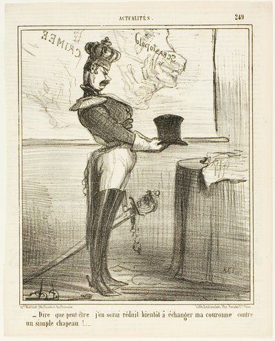 "- Moeilijk voor te stellen dat ik op een dag mijn kroon zou moeten inruilen voor een eenvoudige hoed," bord 249 van Actualités door Honoré Victorin Daumier