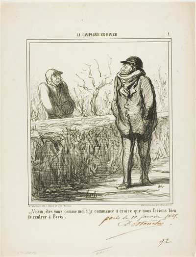 "- Hallo, buurman, ben je zoals ik Ik begin te geloven dat we er goed aan doen terug te keren naar Parijs," plaat 1 uit La Campagne En Hiver door Honoré Victorin Daumier