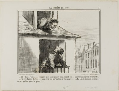 "- Hallo, buurman... waar ging al dat geschreeuw over... heb je de komeet gezien - Ik dacht dat ik hem daar had gezien... maar toen was het gewoon het vuur uit een schoorsteen... deze keer kwamen we er met de schrik vanaf," plaat 3 uit La Cométe De 1857 door Honoré Victorin Daumier